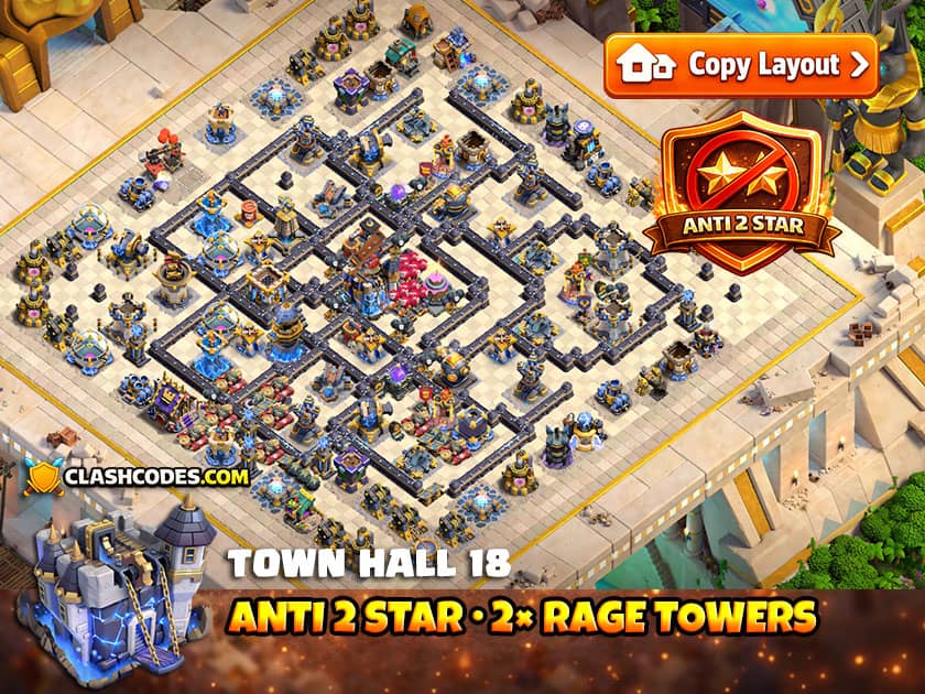War layout with central Town Hall protected by Firespitters and Revenge Tower