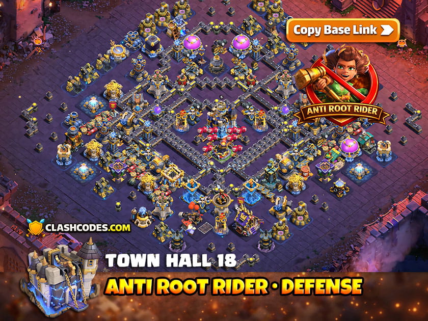 Root Rider TH18 Defense with 2x Rage Tower Boosting Infernos and Scattershots