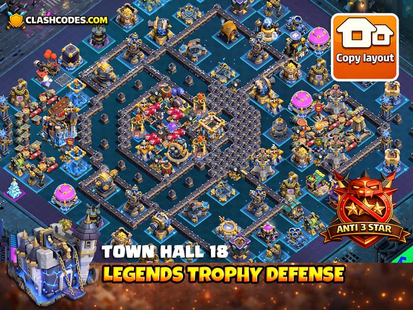 Town Hall 18 Legend League base with Rage Tower boosted Infernos for high trophy defense