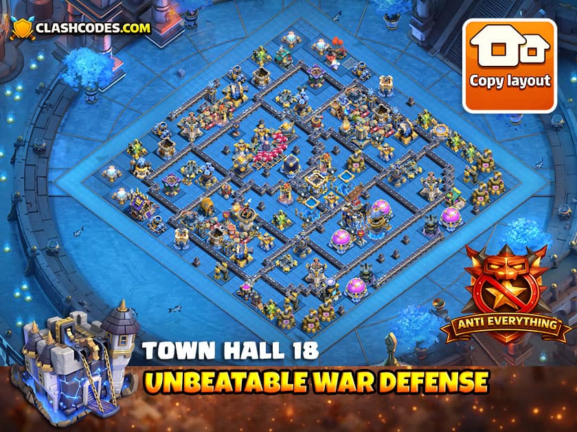 Clash of Clans Town Hall 18 war base with Firespitter, Inferno Core and Poison Towers for strong CWL defense