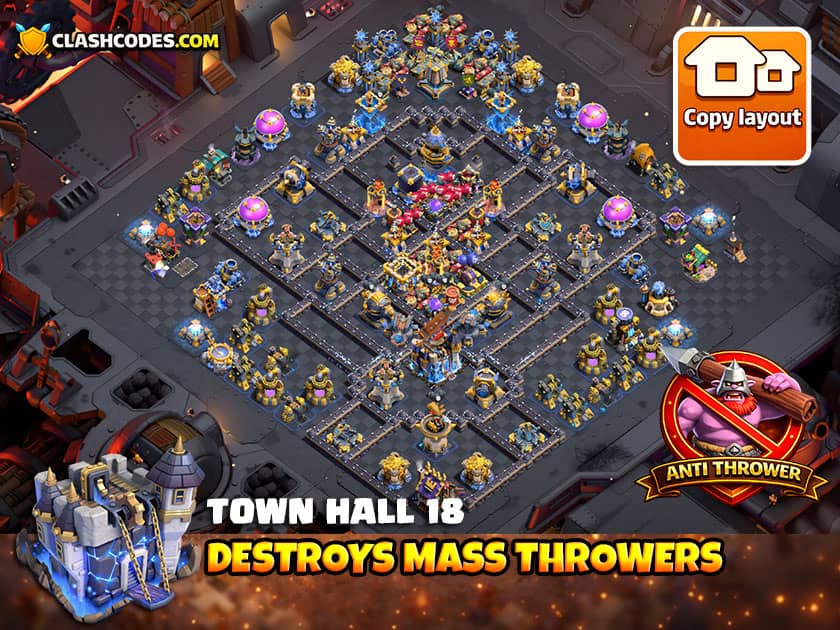 CoC TH18 Thrower counter baselayout with Raged Clan Castle troops to defend Thrower attacks