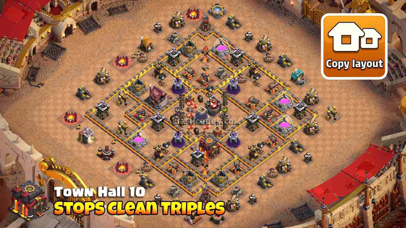 Base híbrida con héroes bien protegidos para defensa contra 3 estrellas.