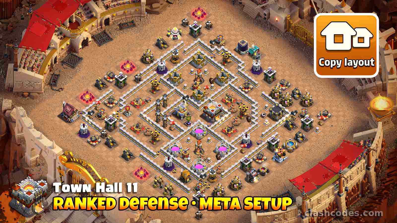 TH11 ranked defense base with hidden Tesla farms and strong anti Electro Dragon defense