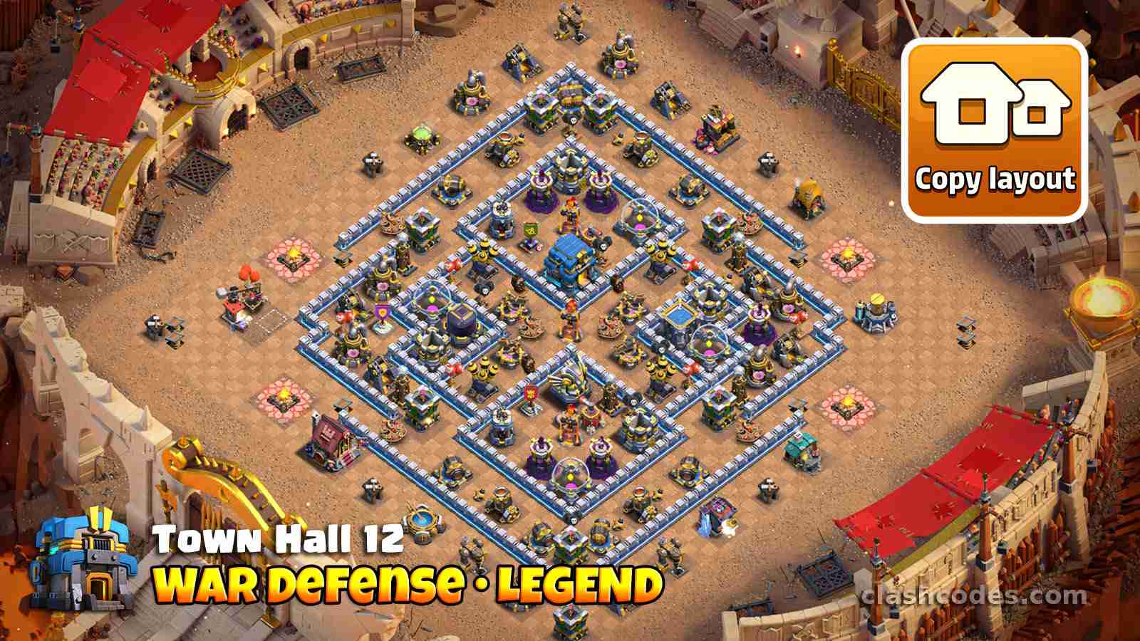 TH12 war base layout with triple Inferno core and balanced air defense placements