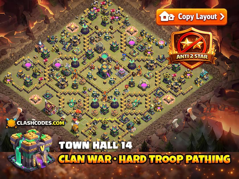 TH14 Clan War Base with Hard Troop Pathing and Hero Defense