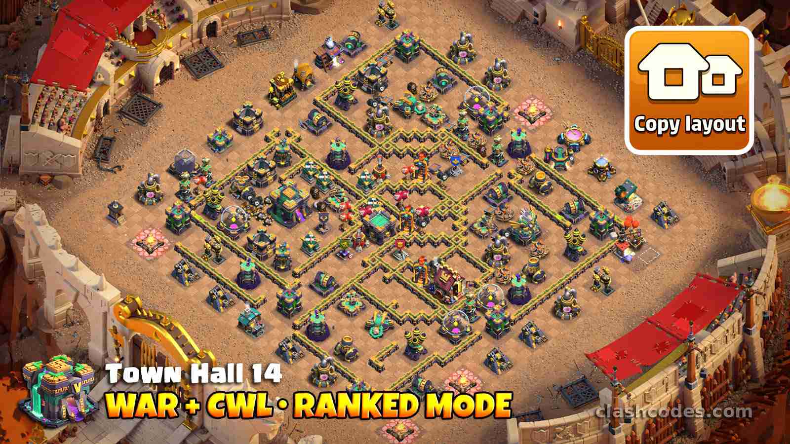 TH14 war and CWL base with maze core pathing and split Town Hall Eagle setup