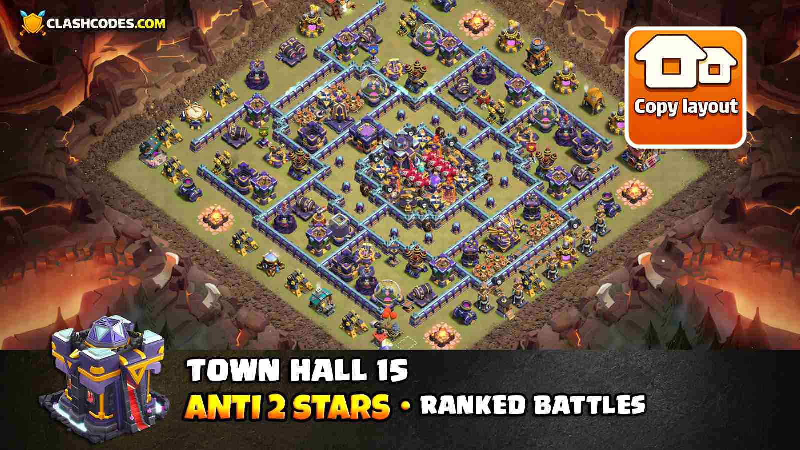 TH15 base with Invis + Rage Tower setup designed to prevent enemy from scoring 2 stars in Ranked Battles