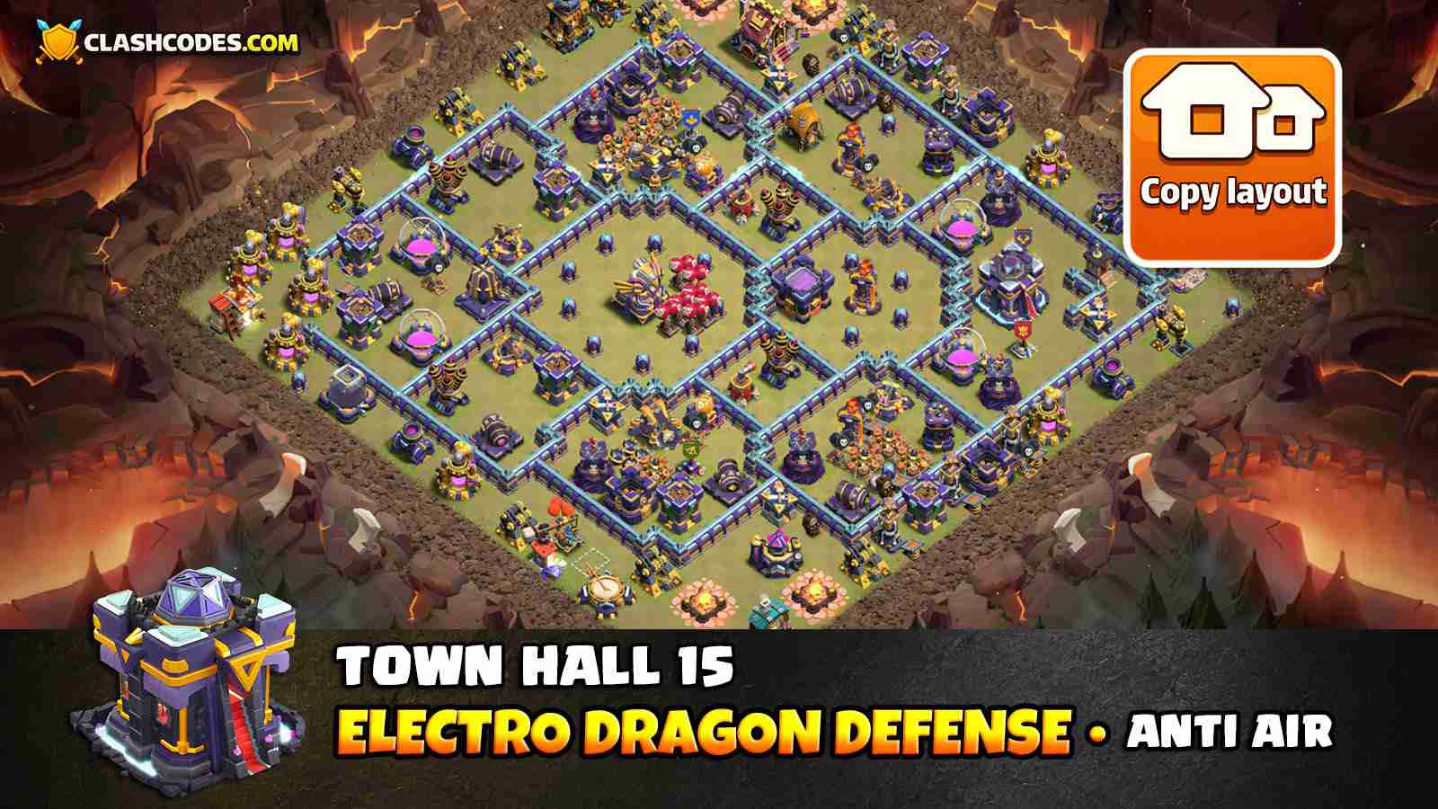 TH15 Electro Dragon defense layout with spaced buildings and separated Air Defenses to reduce chain damage