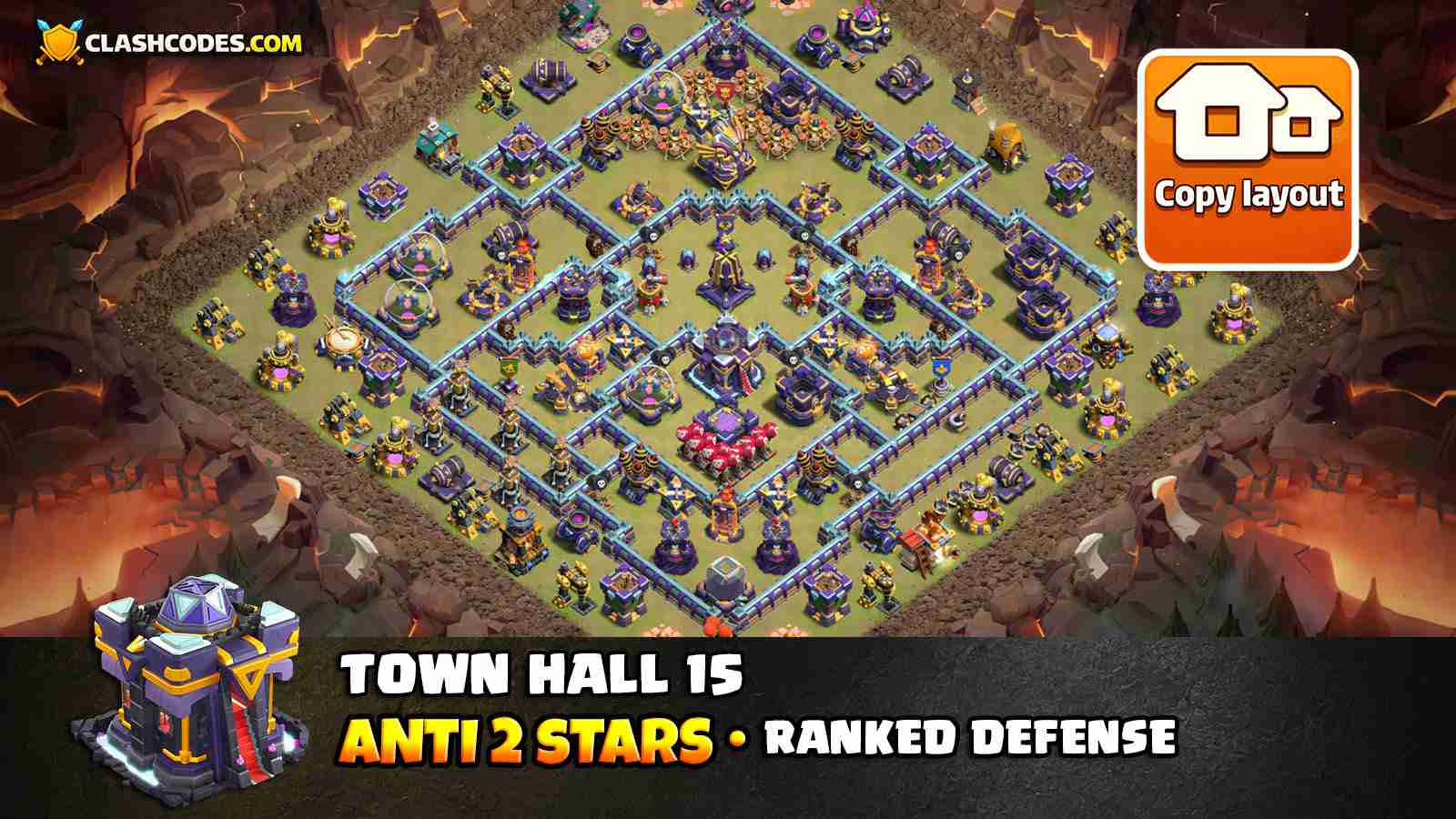 Ranked battle defense TH15 layout with double Poison Towers and Hidden Tesla Farm built to defend Root Riders