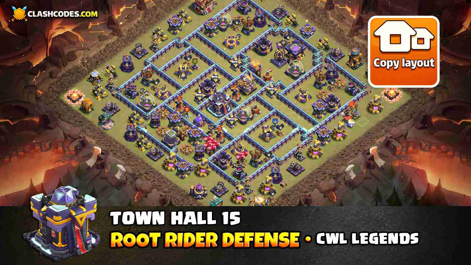 Root Rider defense layout with strong hero placement and Poison Tower effect near Monolith
