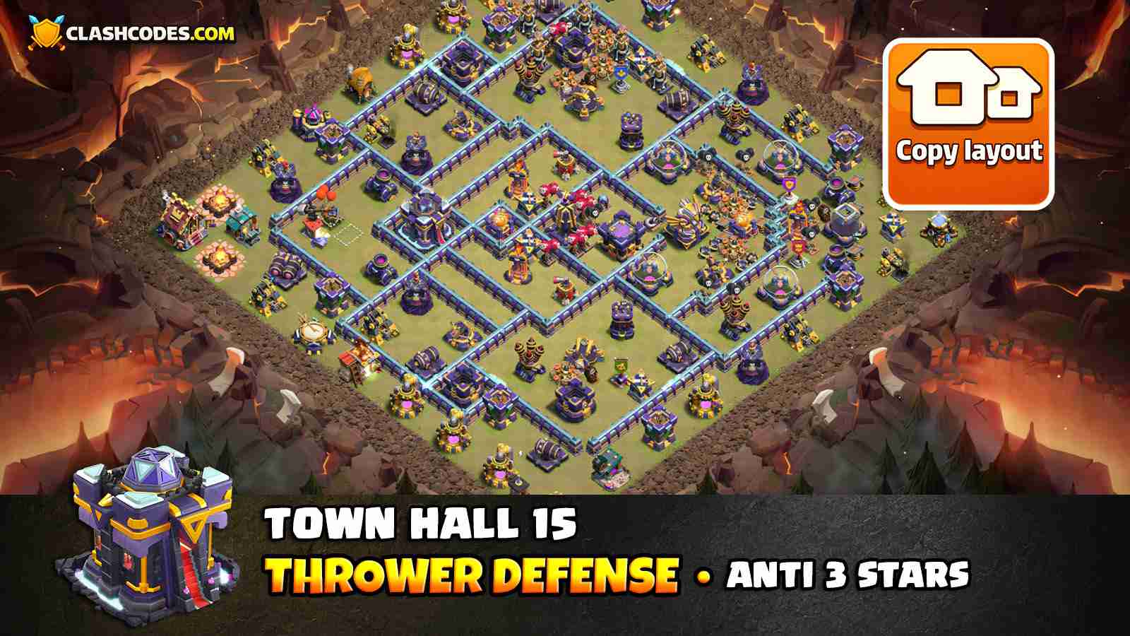Thrower defense layout with double Poison Towers, Giant Bomb and protected Scattershots