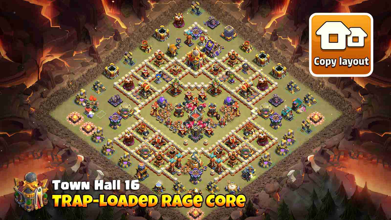 TH16 base layout with Monolith and Infernos boosted by Rage Towers, Builder Huts healing defenses and Tesla Farm protecting Eagle Artillery