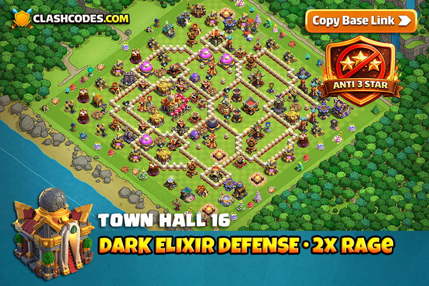 Dark Elixir Defense : TH16 Farming Base (Anti 3 Star)