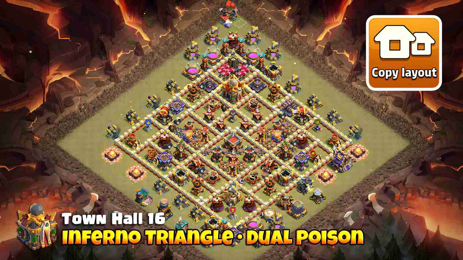 Triangular Inferno core with central Clan Castle and dual Poison compartments.