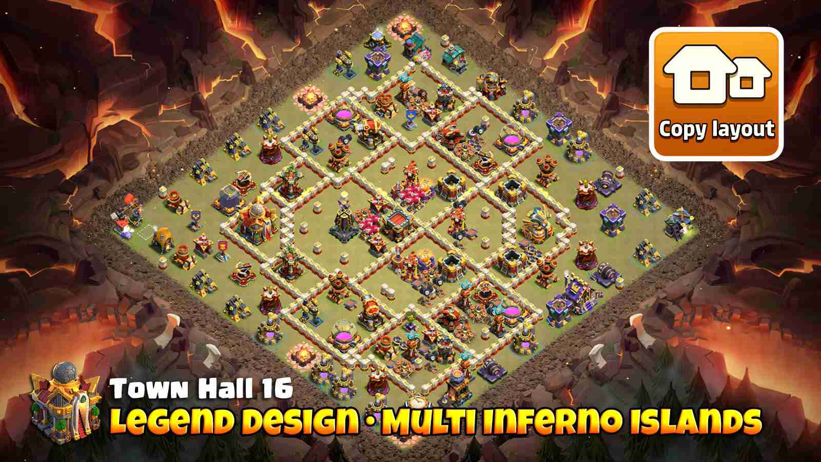 Legend League defense base with Inferno islands and Monolith compartment forcing time fails