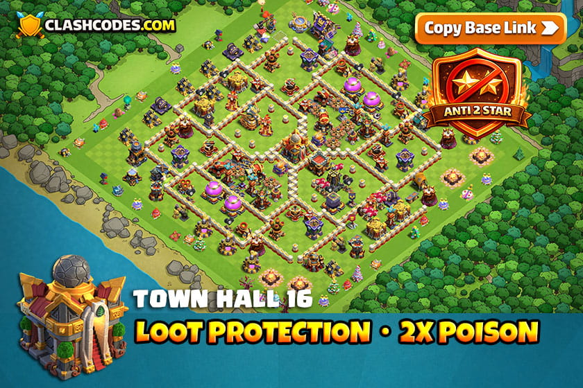 Anti 2 Star TH16 Base : 2x Poison (Legend + Loot) Defense