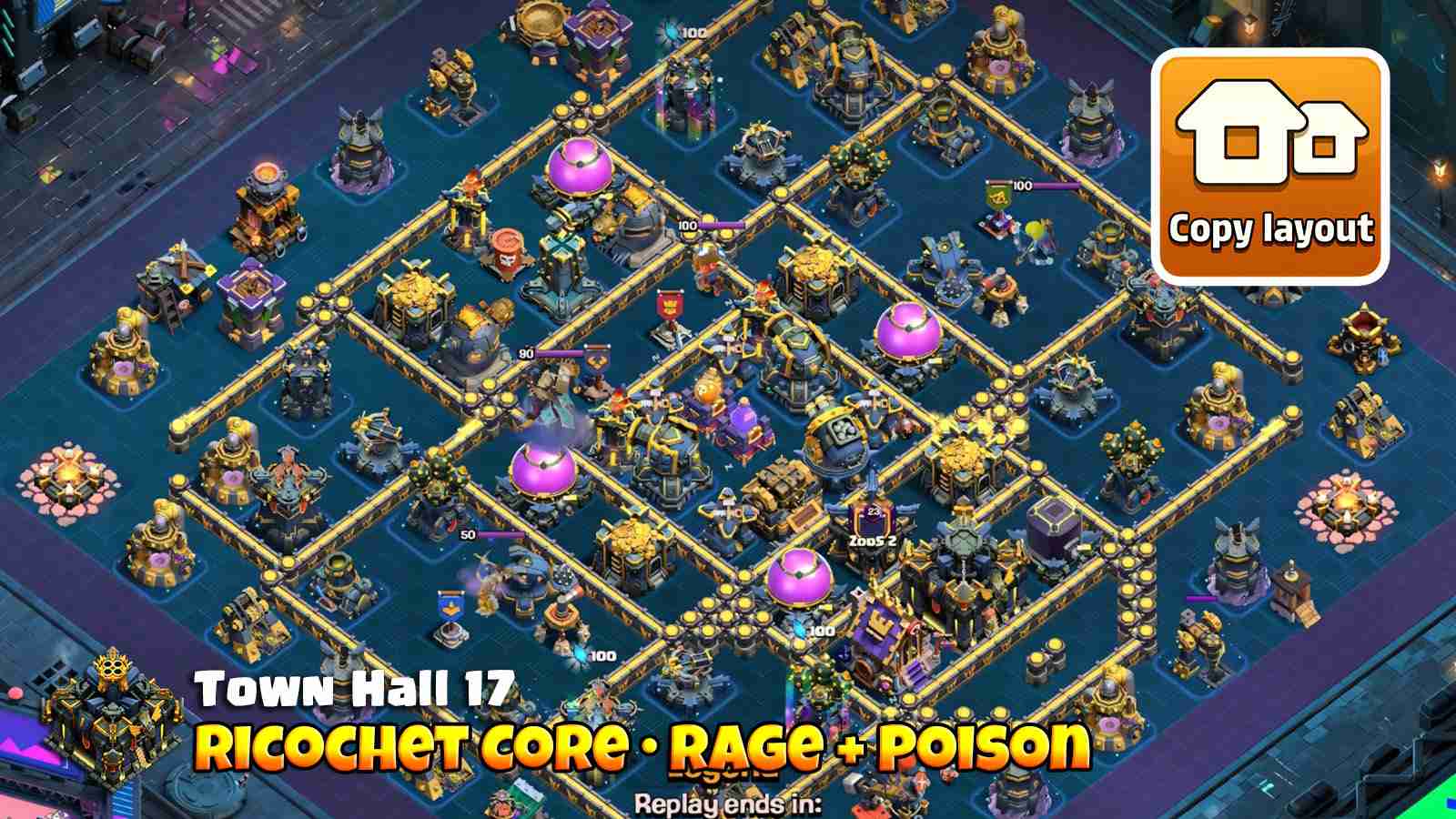 Box Style Base with Rage Poison Core covering Ricochet Cannons, Multi Gear Tower and Heroes defending Scattershots and Monolith