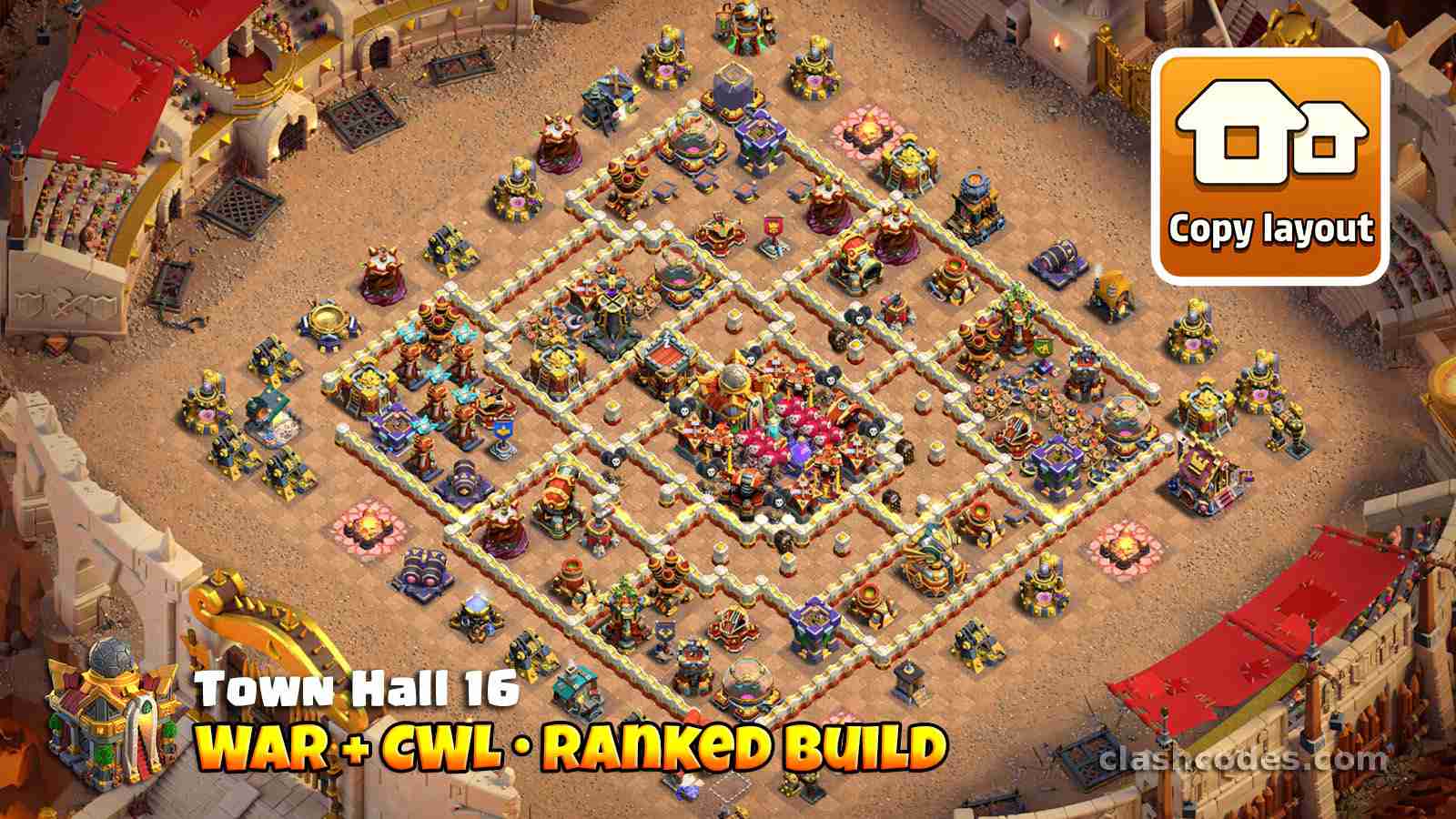 TH16 war and legend base with rage and invis towers guarding Town Hall core