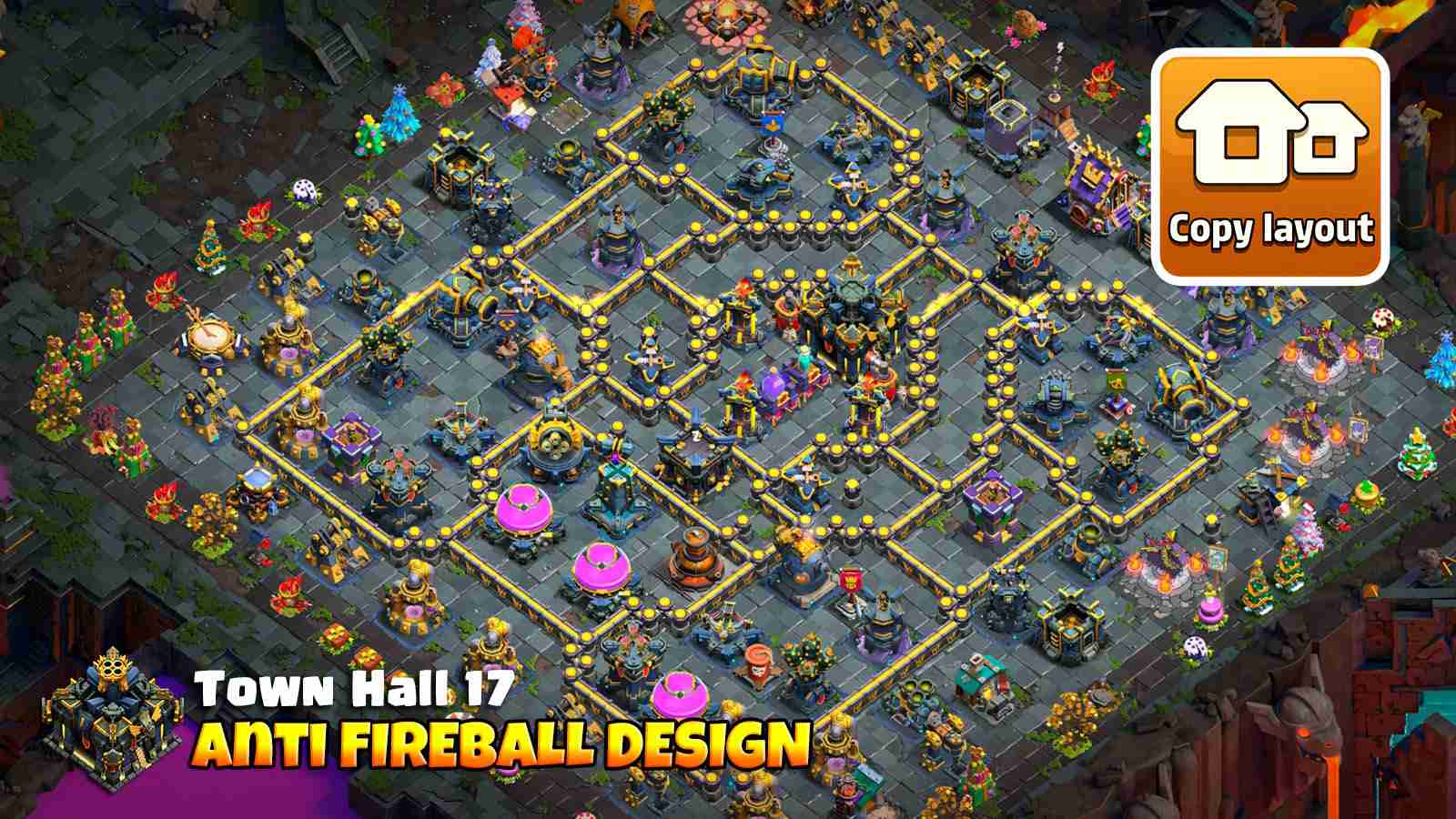 TH17 base with Invisibility and Rage Towers boosting all Infernos.