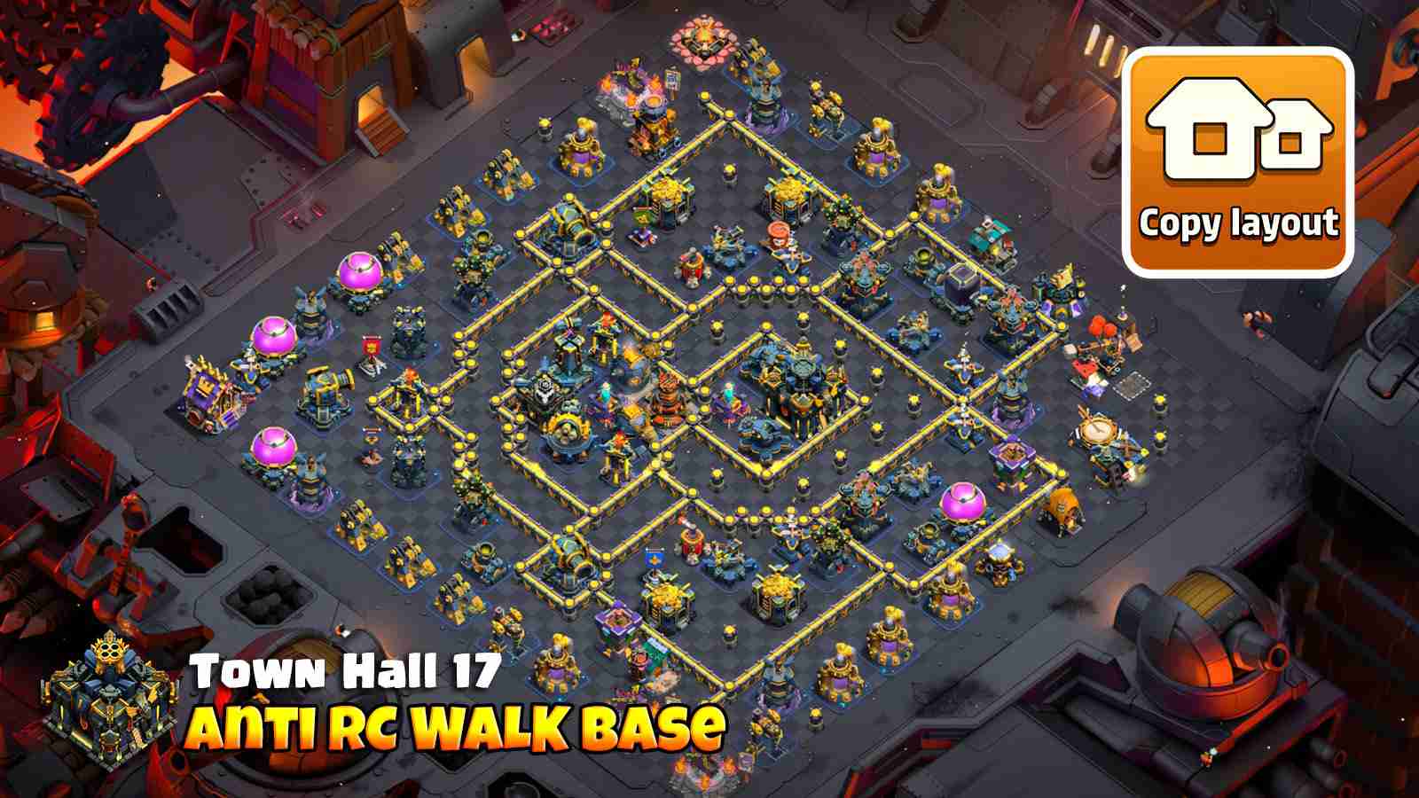 TH17 base with Town Hall and Scattershots at core using Invisibility Tower compartments to divert Royal Champion (RC) walks.