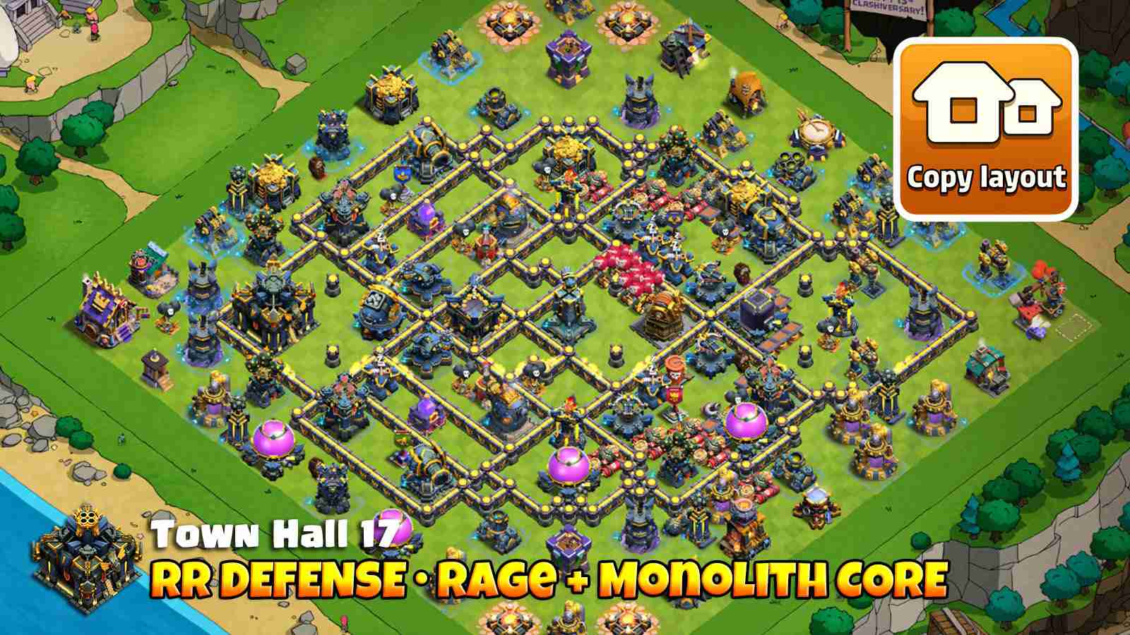 Anti Root Rider base with Monolith at core, traps on Root Rider path, Rage tower boosting Royal Champion and Queen