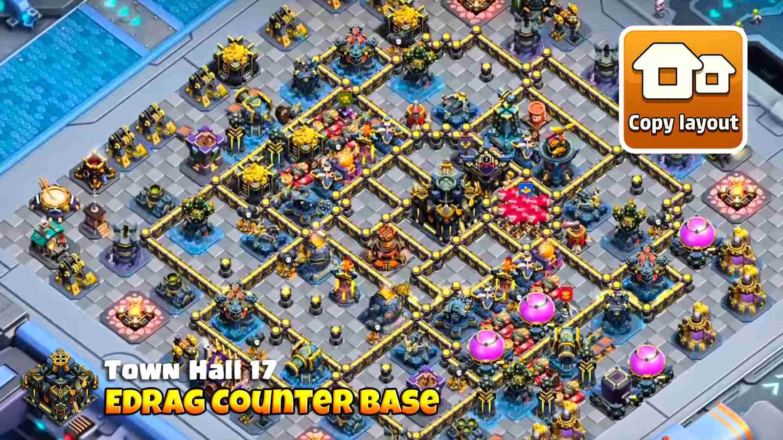 Electro Dragon defense layout with dual Poison towers and effective trap placements