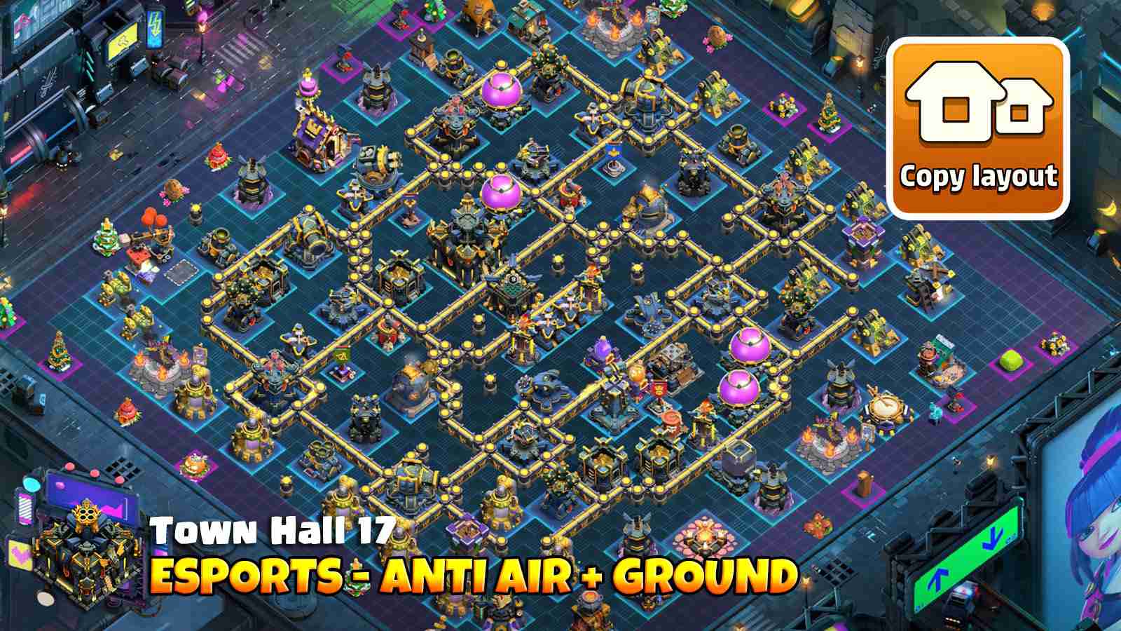 Esports TH17 base with Rage and Poison tower combo
