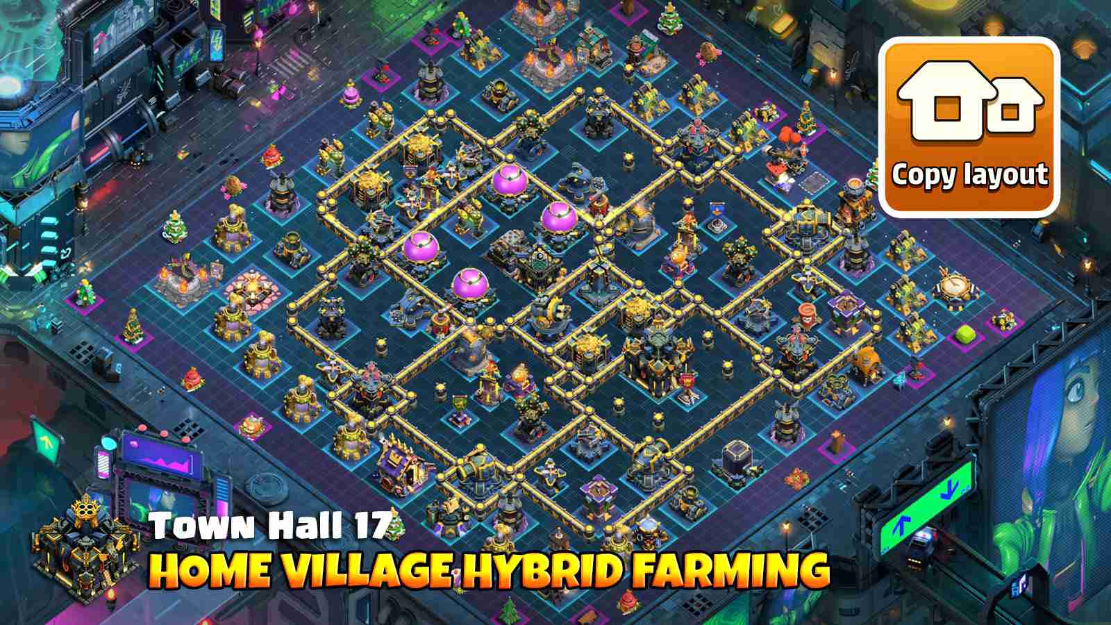 TH17 hybrid farming base protecting Gold and Elixir storages