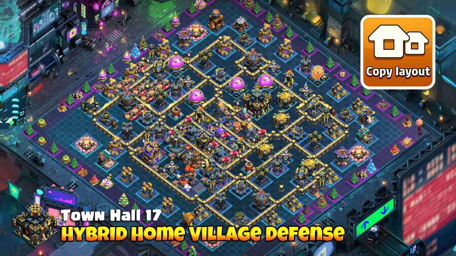 Balanced hybrid home village base defending farming and war attacks