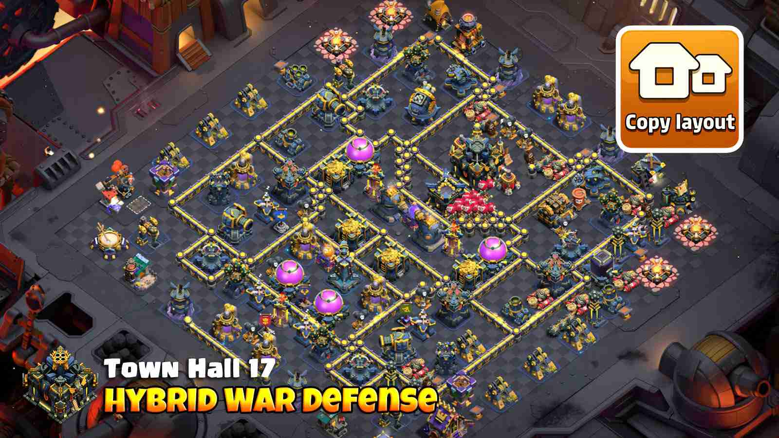 Hybrid war base with Rage and Poison towers defending against flingers