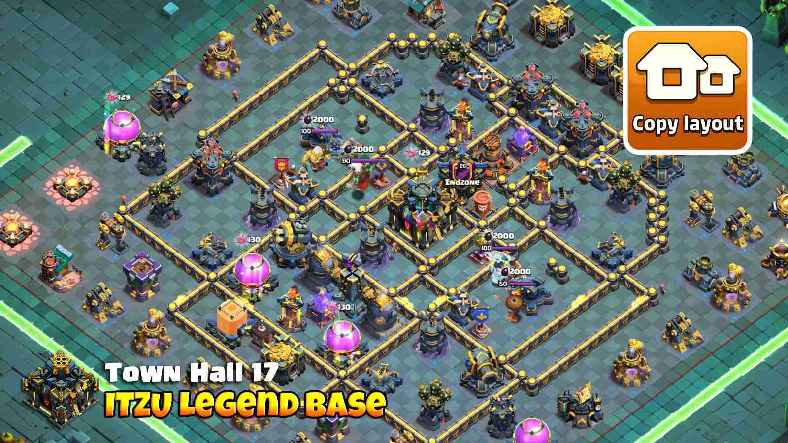 Legend League TH17 base designed by Itzu with double Rage towers