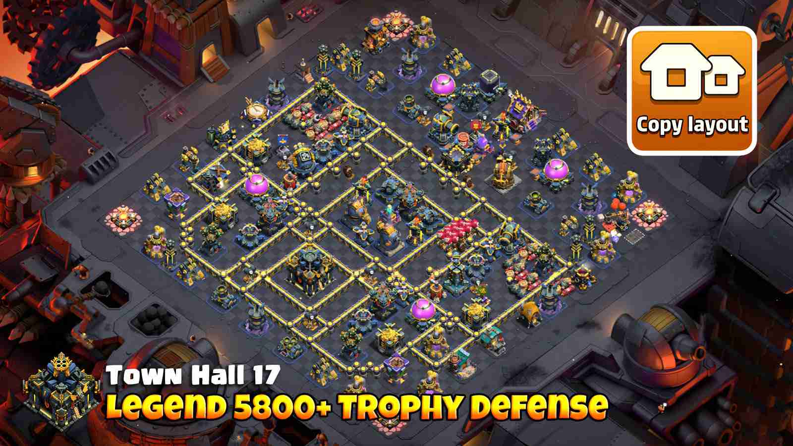 Legend-league style box design that slows Root Rider troops at 5800+ trophies by breaking funneling