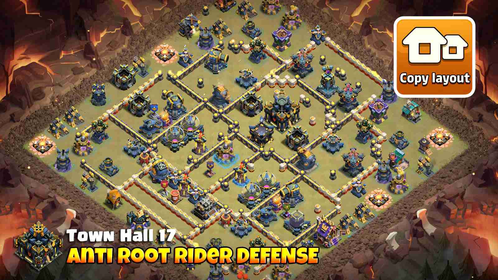 Anti Root Rider TH17 with offset Town Hall and Giant Bomb traps