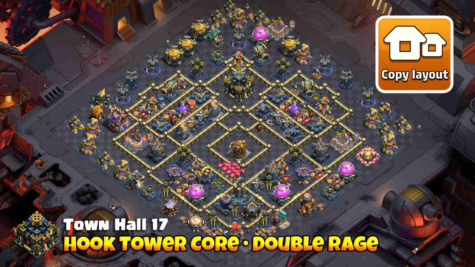 War base with Hook Tower and Double Rage core, Monolith protected by Tesla farm