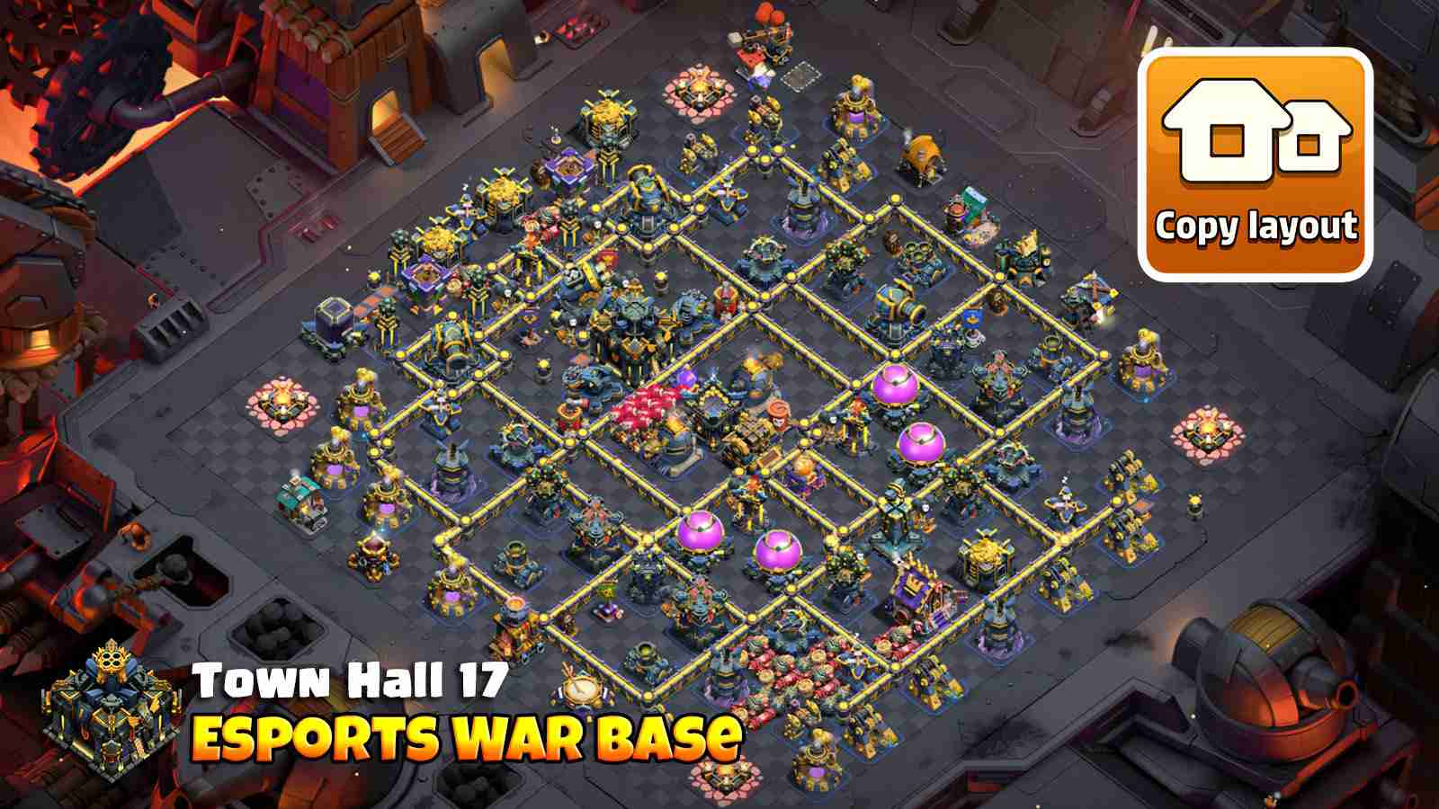 Esports style war base with Rage and Poison combo protecting core