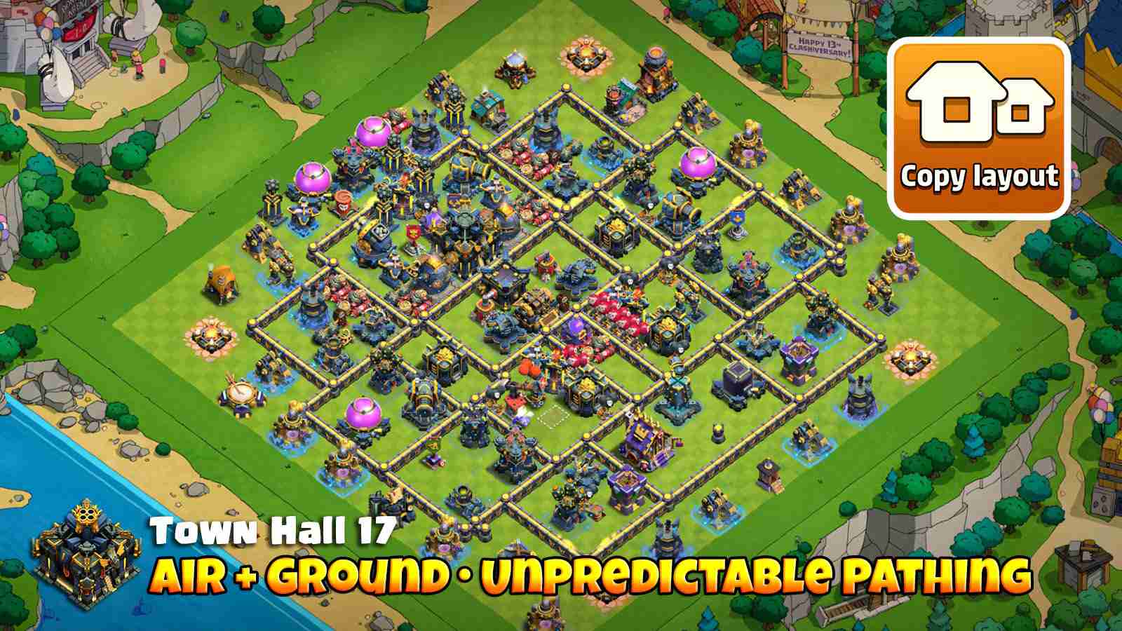 Air and ground troops get lured towards Town Hall early and get destroyed before they reach core