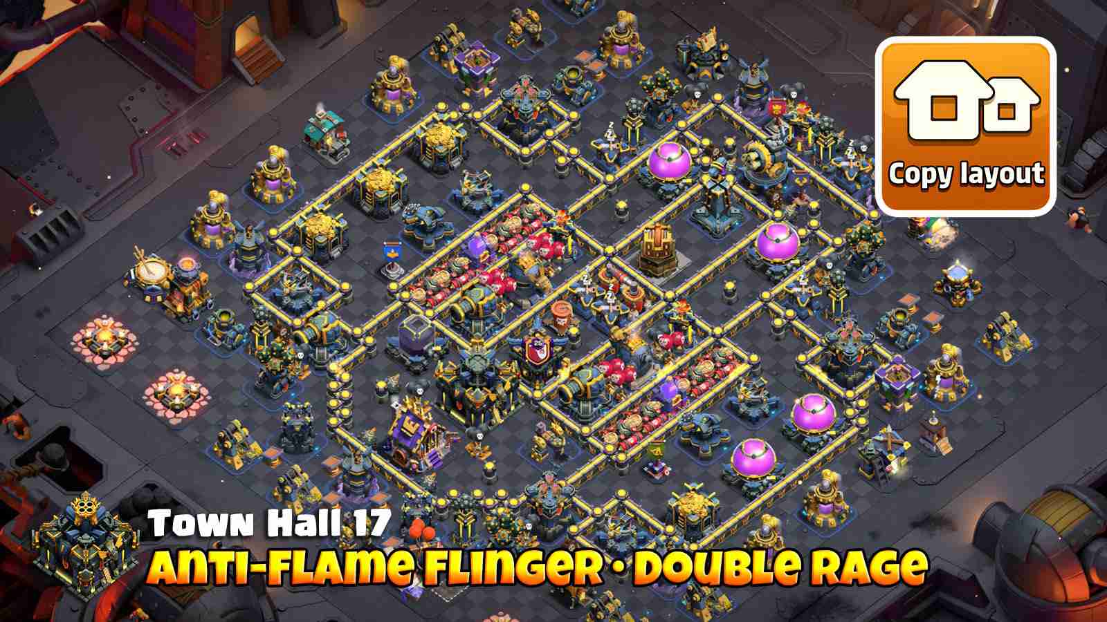 Defend Flame Flinger with Double Rage Baited Entry and Hidden Teslas for strong ground defense