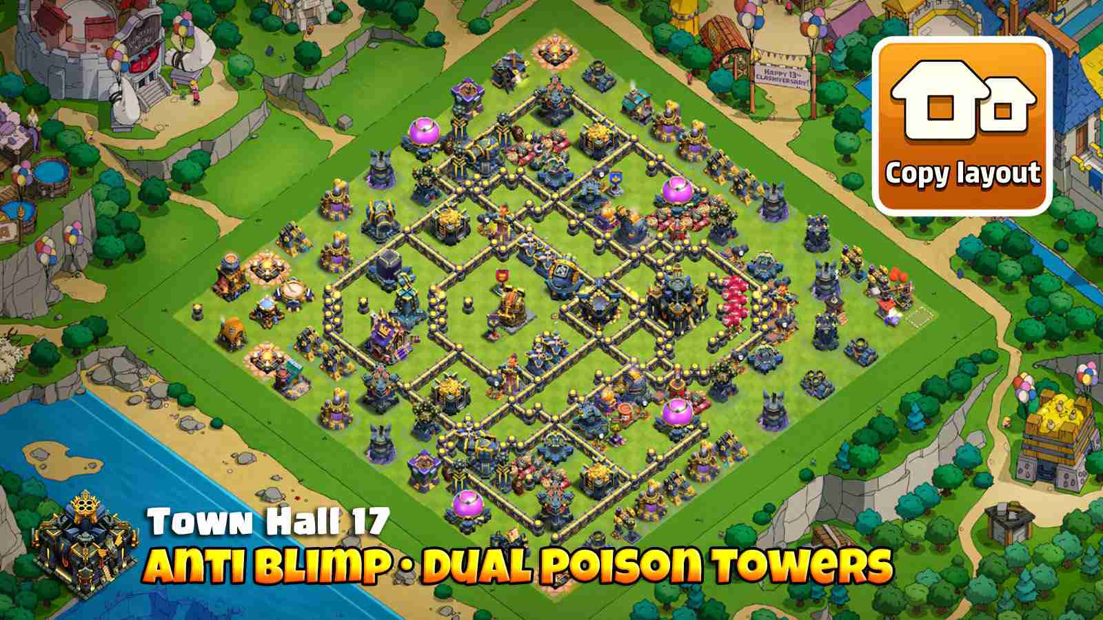Perfect Super Archer Blimp Defense with Dual Poison Towers and Hook Tower pulling troops into the core.
