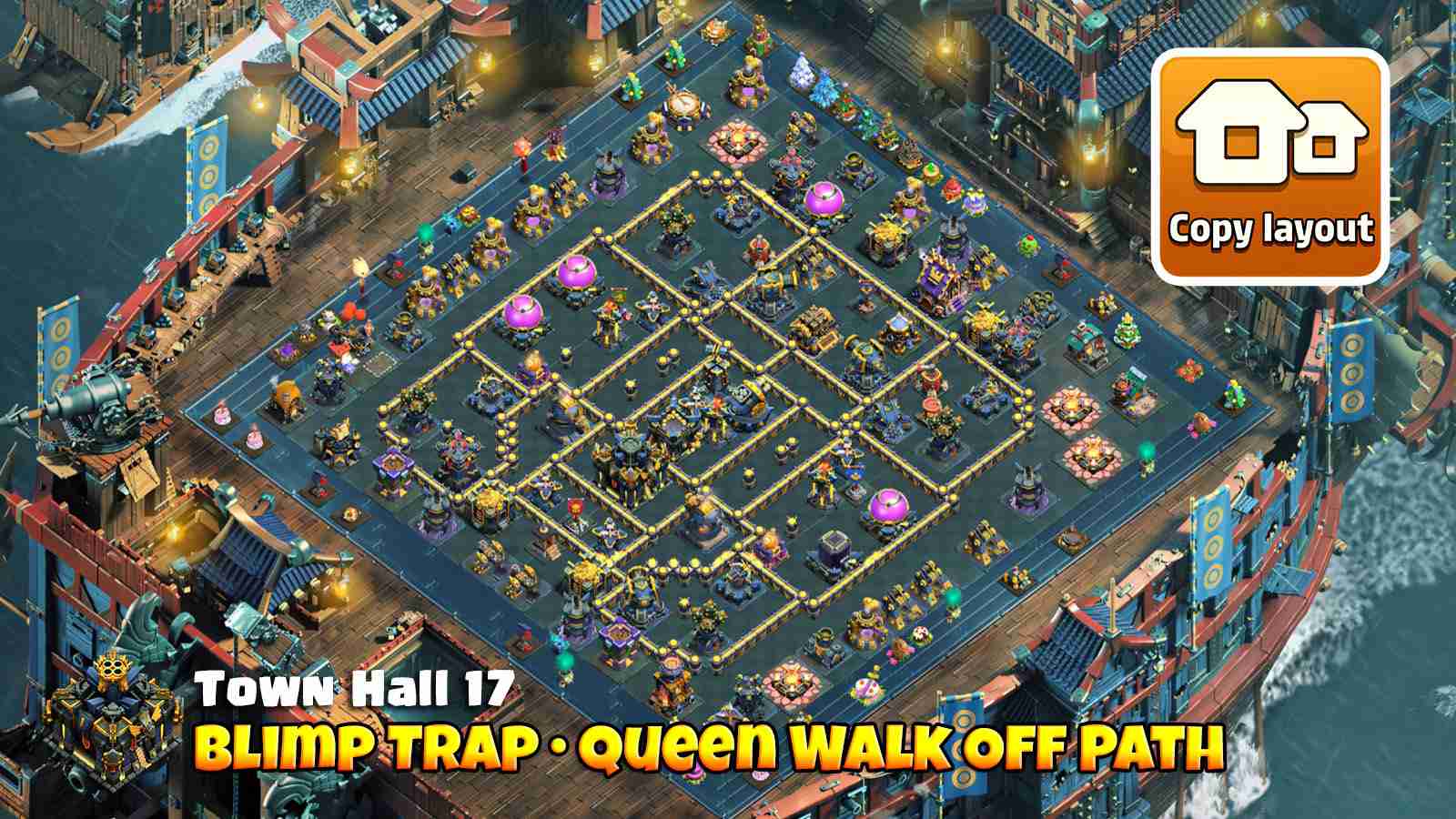 Blimp-trap base that crashes blimps and forces Queen Charges off path with Monolith defense