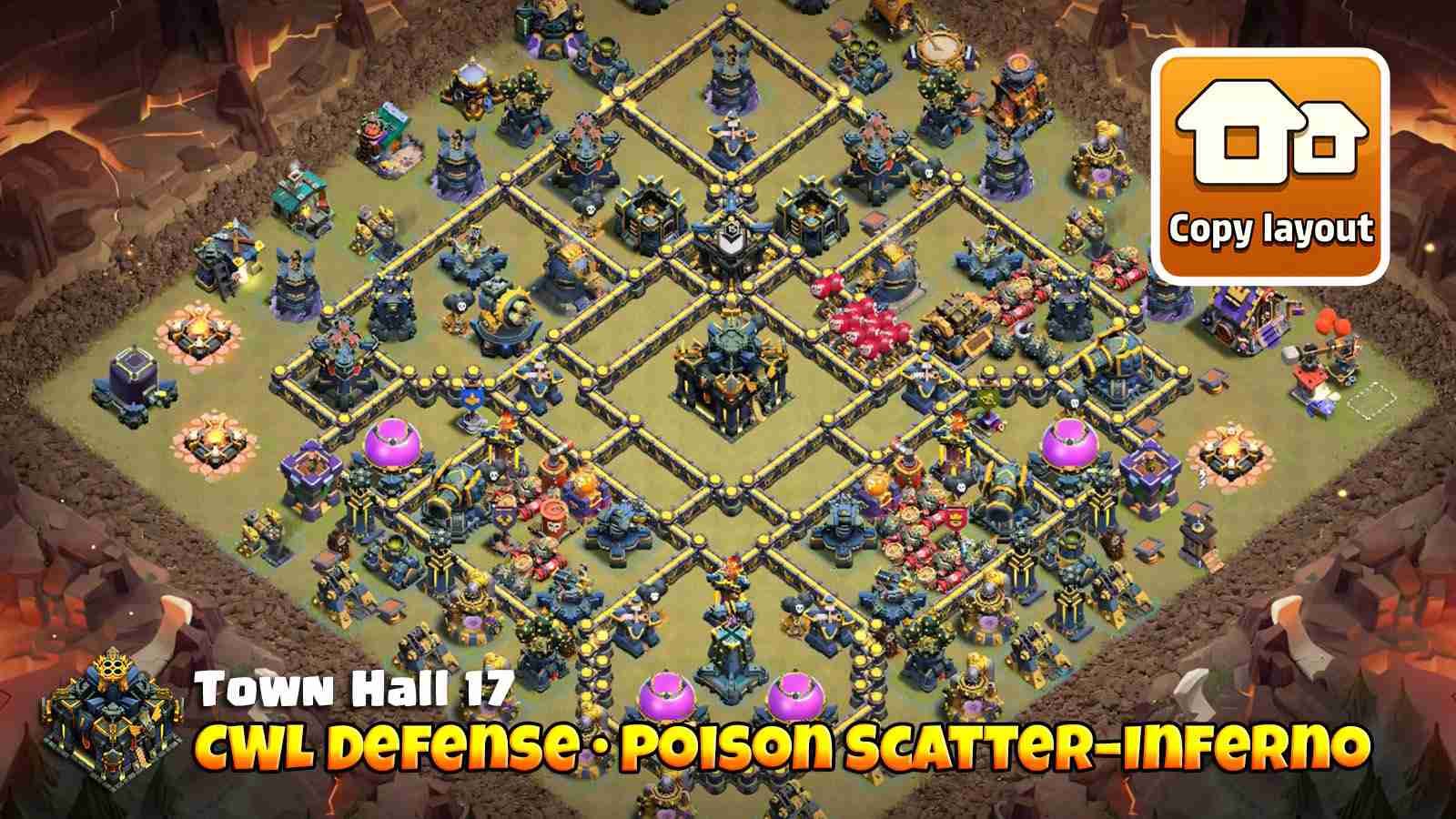 CWL Defense with Poison Tower placed to trigger early spells and split opponents before they hit the core