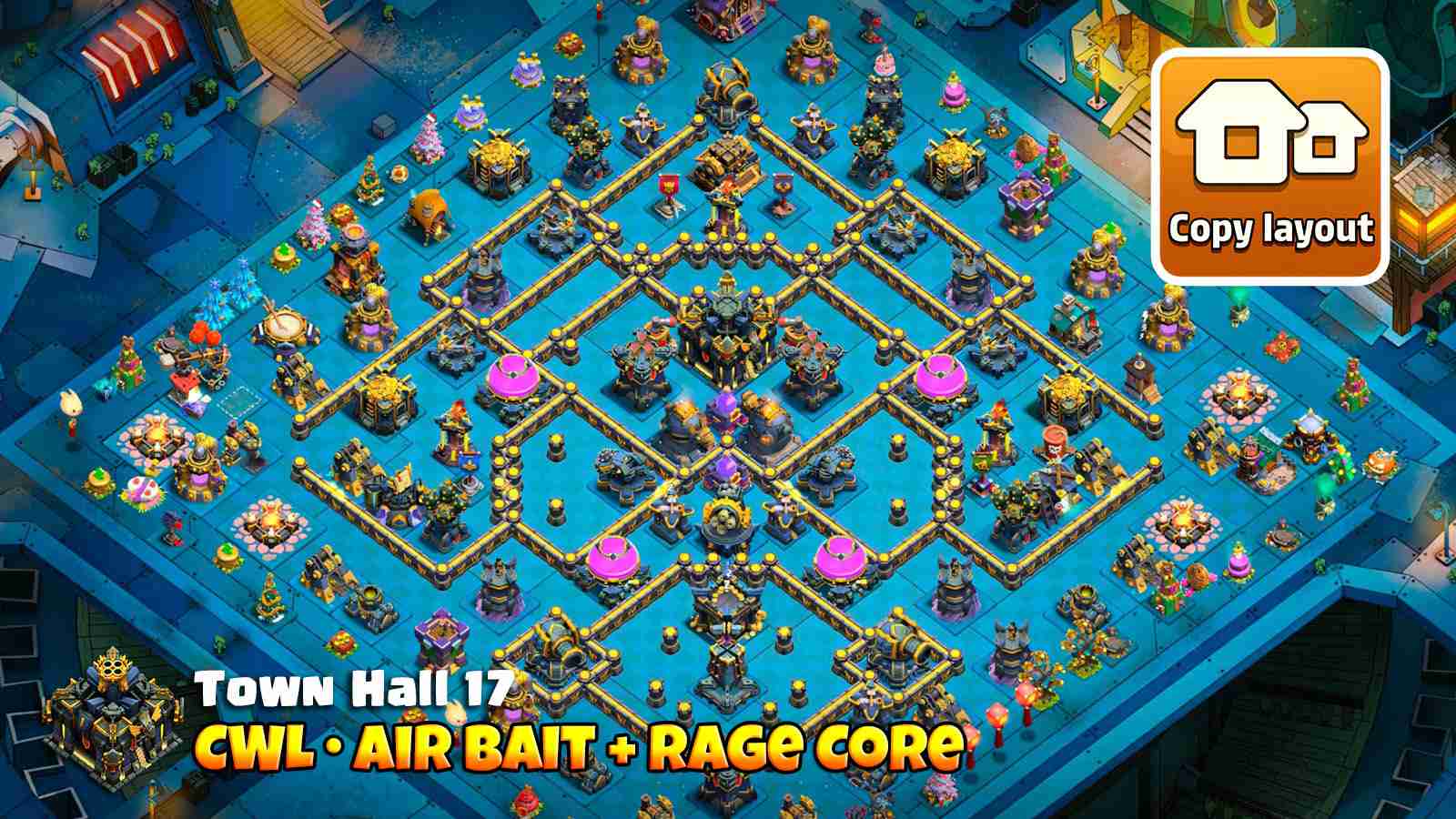 CWL war base that baits air troops away from Town Hall core to prevent 3 stars