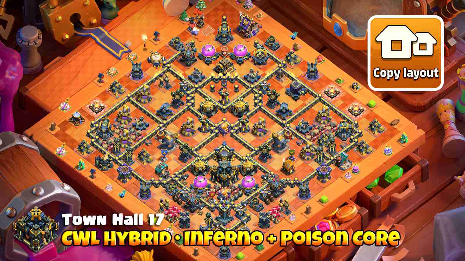 Hybrid anti-air base with triple Infernos and Poison Tower slowing down Dragons