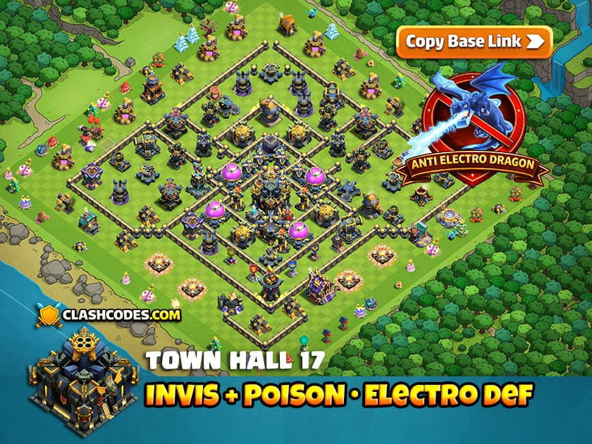 Base TH17 anti Dragones eléctricos con Torre de invisibilidad y Torre de veneno