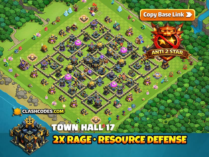 Base TH17 con Torre de furia junto al Ayuntamiento y múltiples compartimentos para proteger recursos