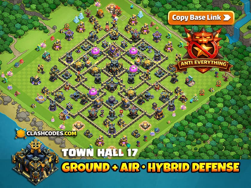 Base TH17 híbrida con defensa terrestre y aérea para proteger recursos