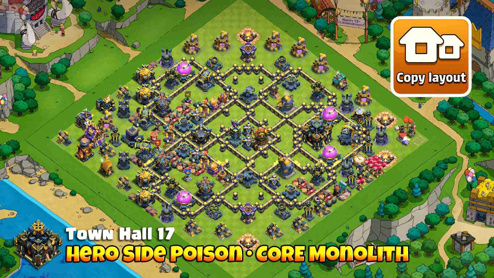 War layout with hero side Poison Tower and central Monolith that pulls troop pathing away from key defenses