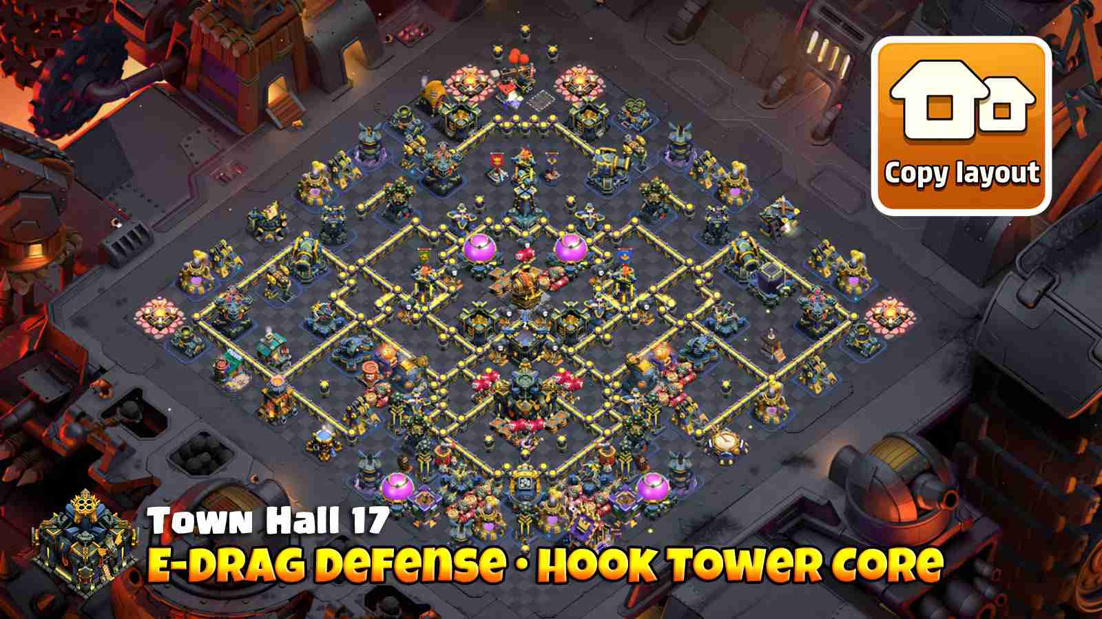 Hook Tower core base with dual Poisons to disrupt Electro Dragon and Yeti blimp attacks