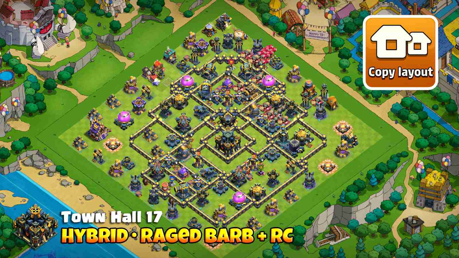 Hybrid layout with raged heroes at entry and open corners that push troops around the base