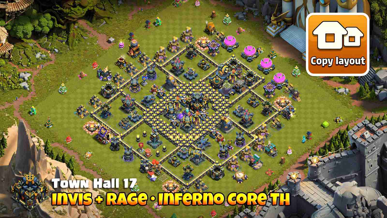 Legend layout where Invis hides Town Hall and Infernos, making troops drift sideways and miss core