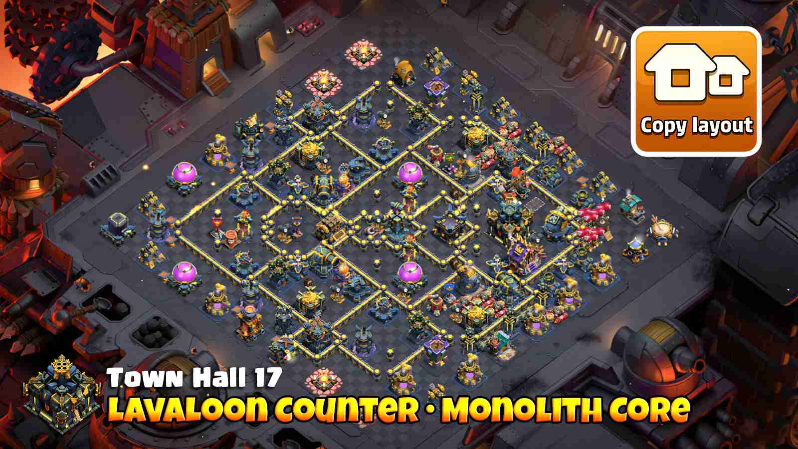 TH17 LavaLoon defense base with angled Air Sweepers forcing Balloons off core path